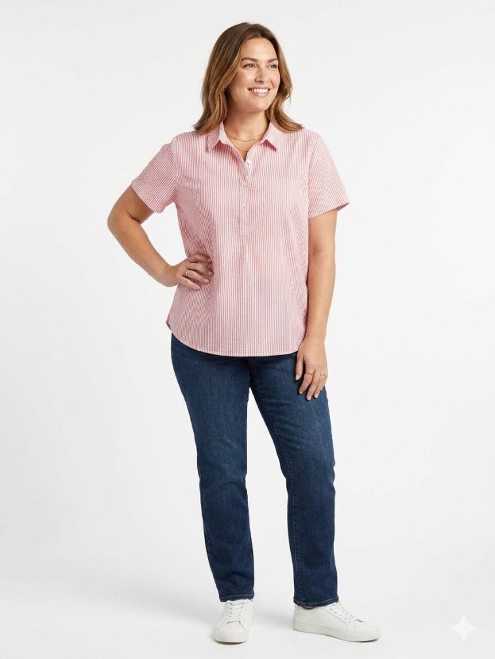 LL Bean cotton short sleeve seersucker top, size XL